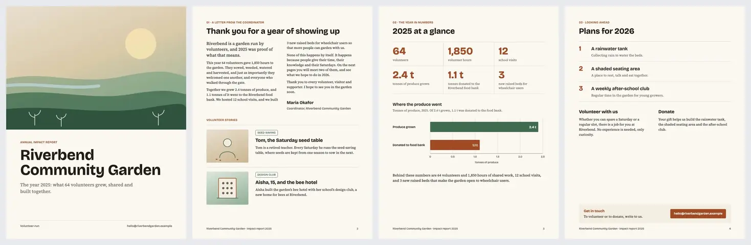 Four Letter-size report pages: a cover, a letter, a page of numbers with a chart and a page of volunteer stories.