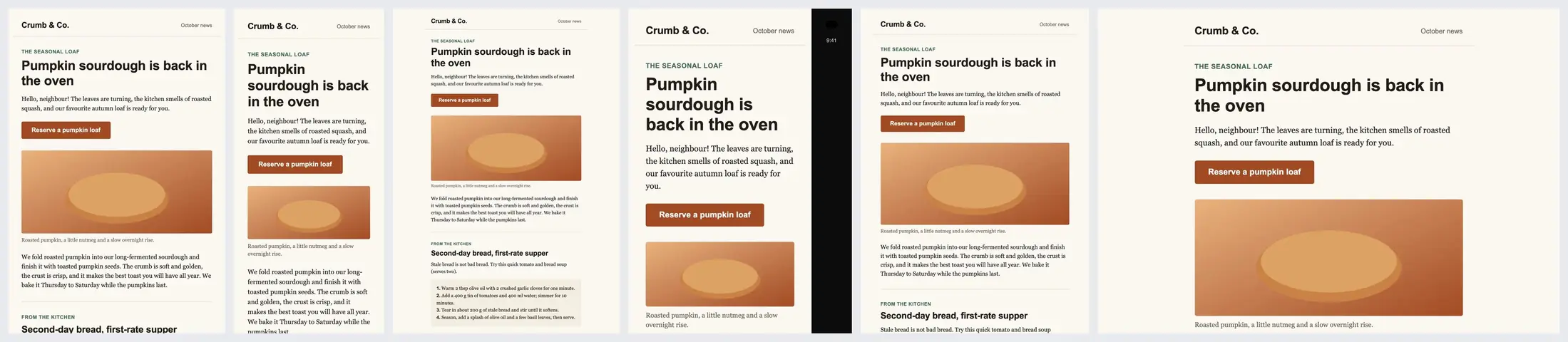 A bakery newsletter email at desktop width and on the mobile artboards, with a seasonal bread, a recipe, opening hours and a discount code.