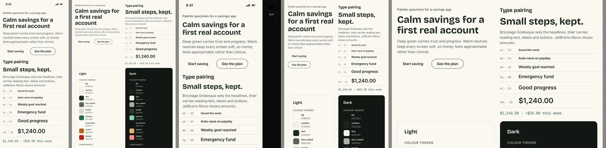 A deep green and warm neutral palette with a type pairing, shown as a specimen screen on the five mobile artboards.