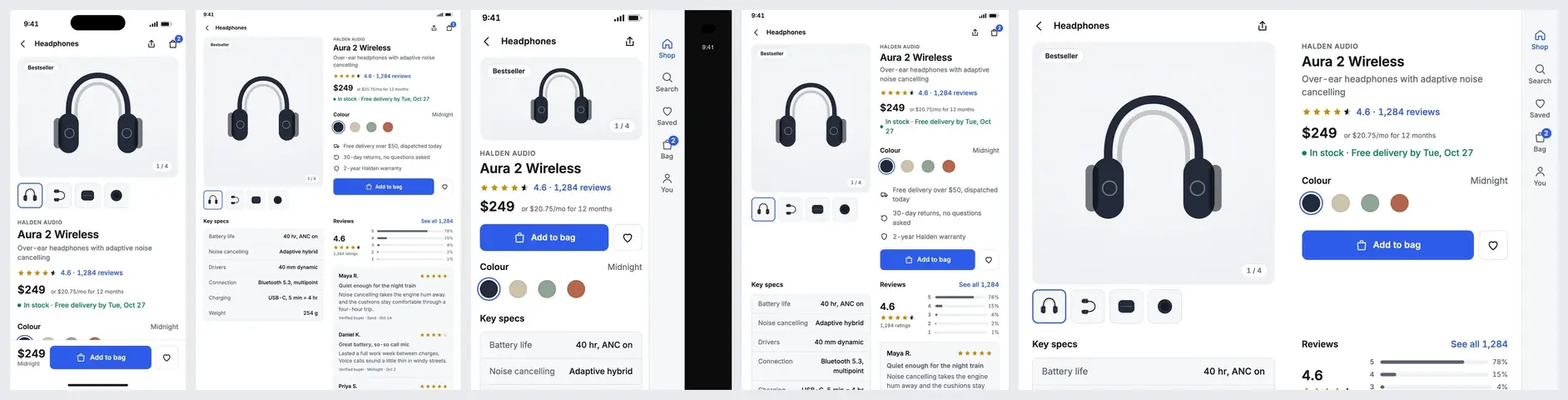 A headphone product page shown on iPhone, iPad and the three iPhone Duo poses: gallery, price, colour swatches, specs, reviews and an add-to-bag button.