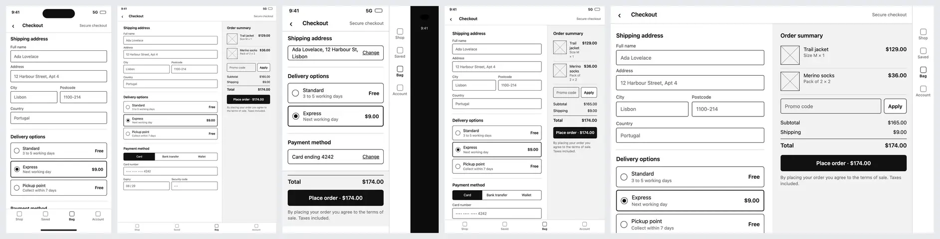A greyscale checkout wireframe on the five mobile artboards, with address, delivery, payment and order summary blocks.
